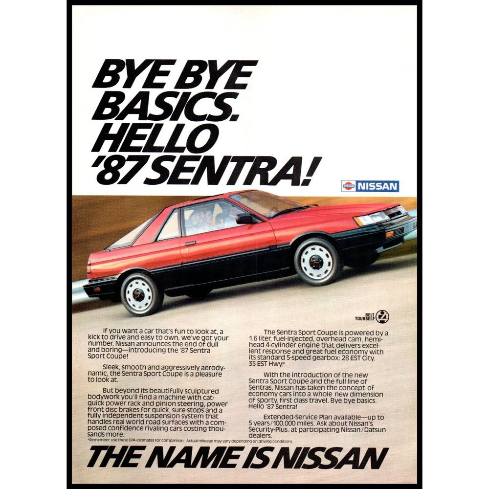 1987 Nissan Sentra Sport Coupe Vintage Print Ad Time Lapse Highway Wall Art